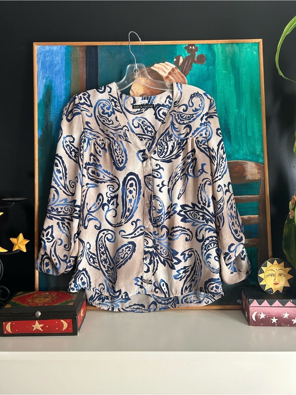Zac & Rachel Blue Paisley Button Front Blouse Women’s Size Small Boho Career Top